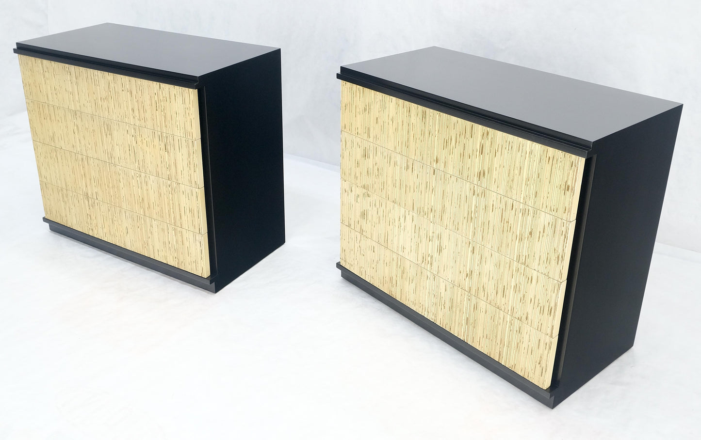 Pair Black Lacquer 4 Drawers "Linen Fold" Fronts Bachelor Chests Dressers MINT
