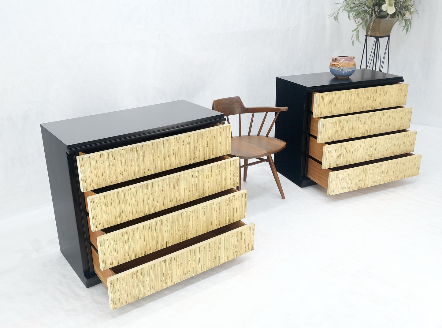 Pair Black Lacquer 4 Drawers "Linen Fold" Fronts Bachelor Chests Dressers MINT