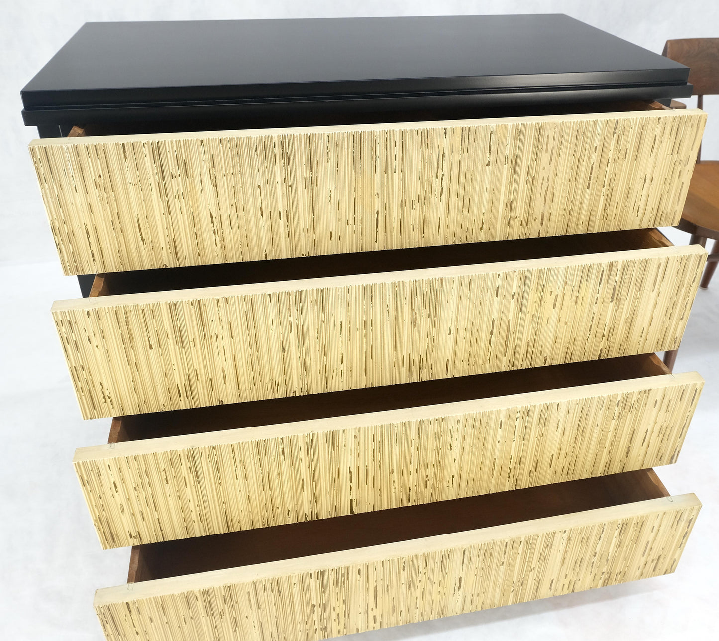 Pair Black Lacquer 4 Drawers "Linen Fold" Fronts Bachelor Chests Dressers MINT