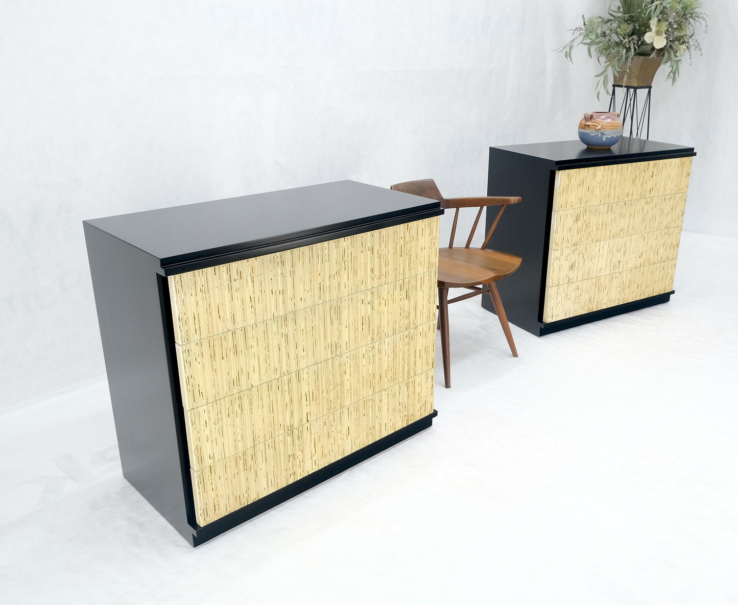 Pair Black Lacquer 4 Drawers "Linen Fold" Fronts Bachelor Chests Dressers MINT