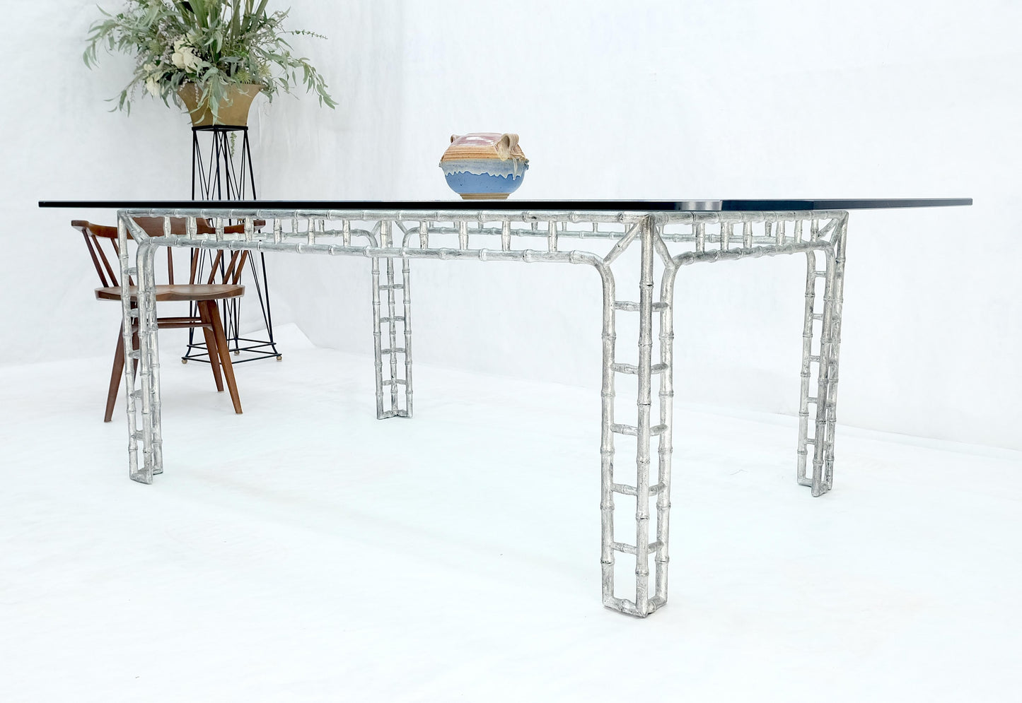EstablishedLines Large 7' Long 3/4" Thick Glass Top Cast Aluminum Faux Bamboo Base Dining Table