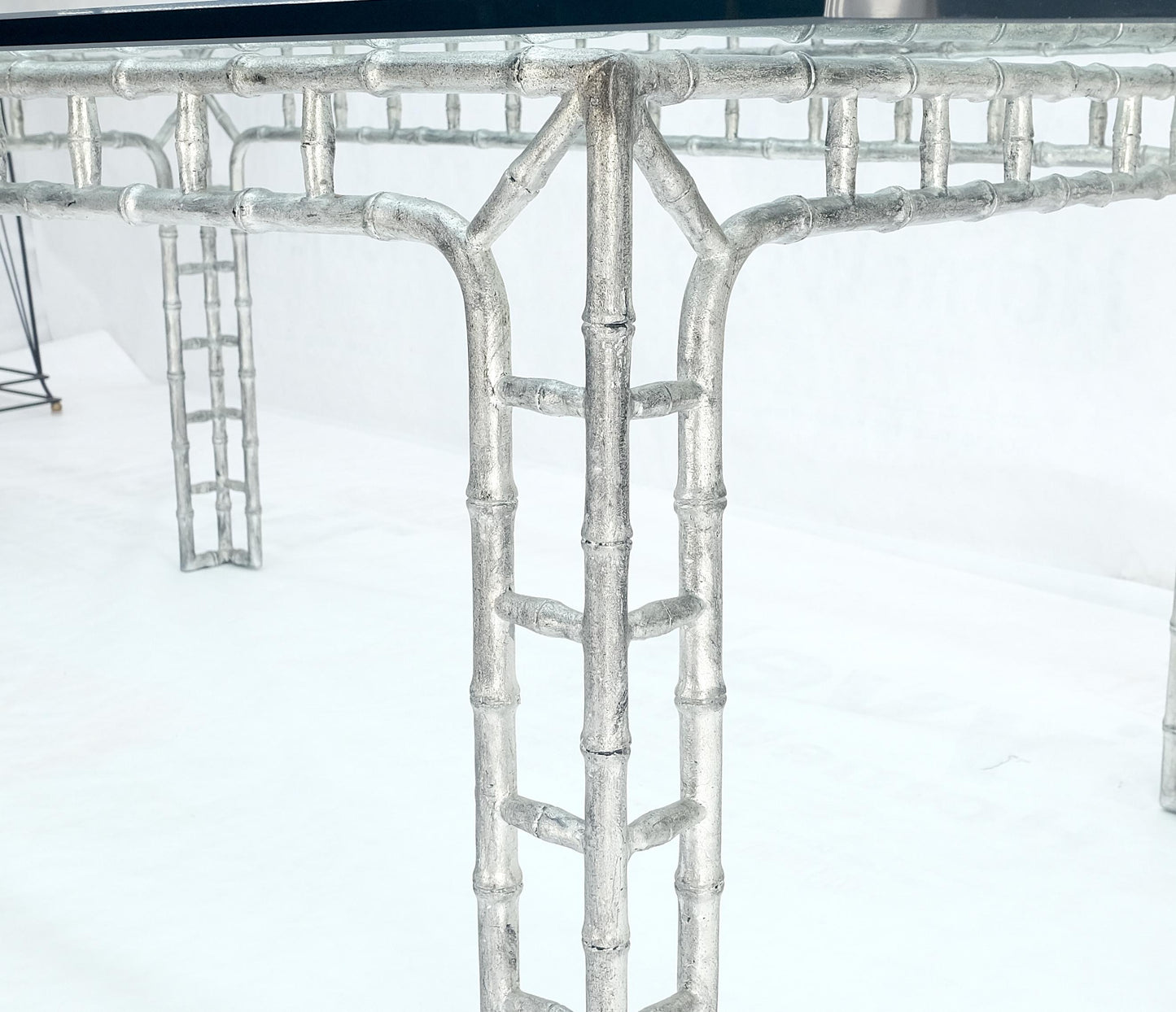 EstablishedLines Large 7' Long 3/4" Thick Glass Top Cast Aluminum Faux Bamboo Base Dining Table
