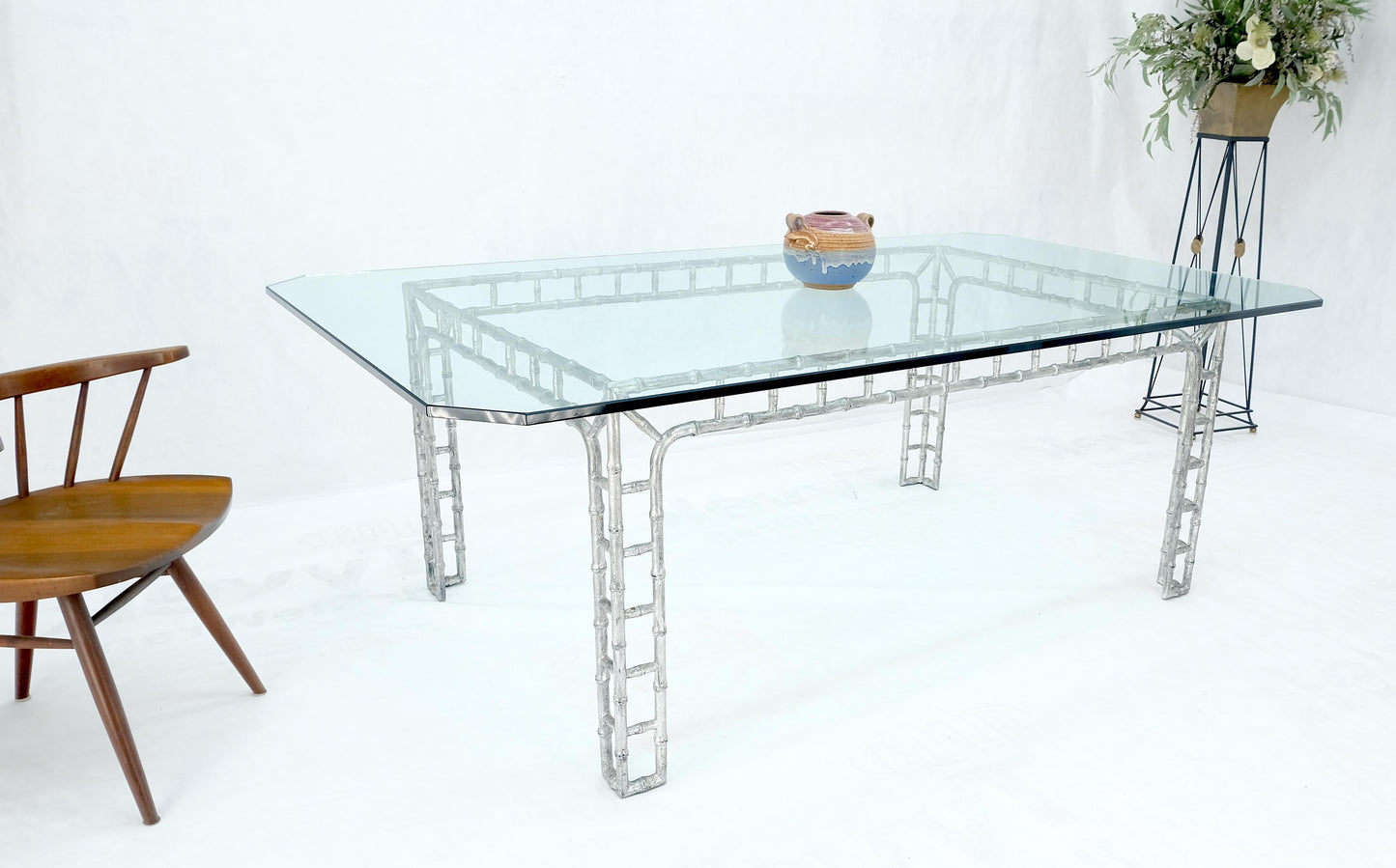EstablishedLines Large 7' Long 3/4" Thick Glass Top Cast Aluminum Faux Bamboo Base Dining Table