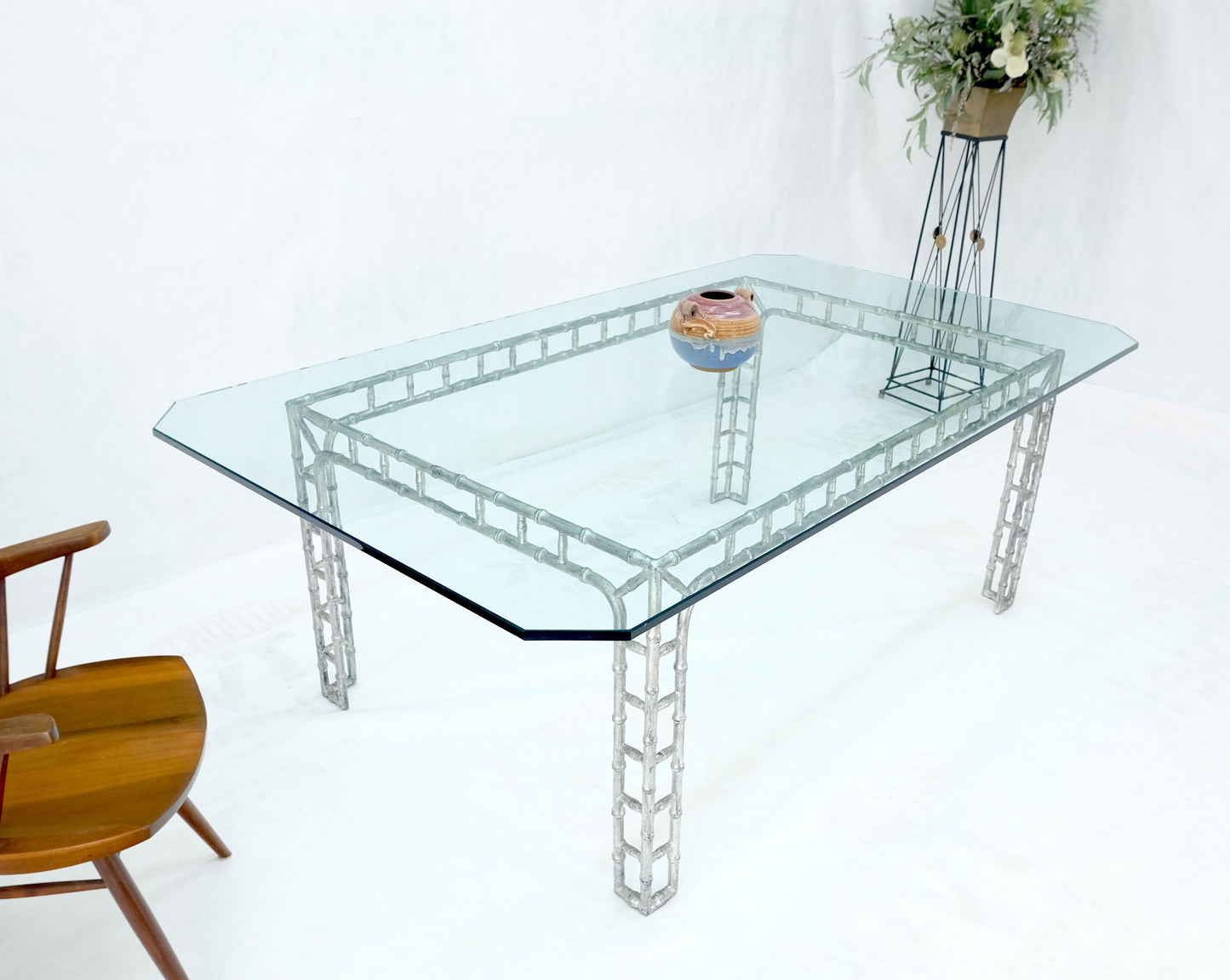 EstablishedLines Large 7' Long 3/4" Thick Glass Top Cast Aluminum Faux Bamboo Base Dining Table