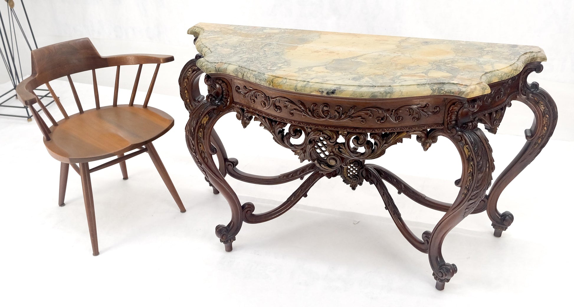 EstablishedLines Regency Revival Heavily Fine Carved Stretcher Base Marble Top Console Table MINT