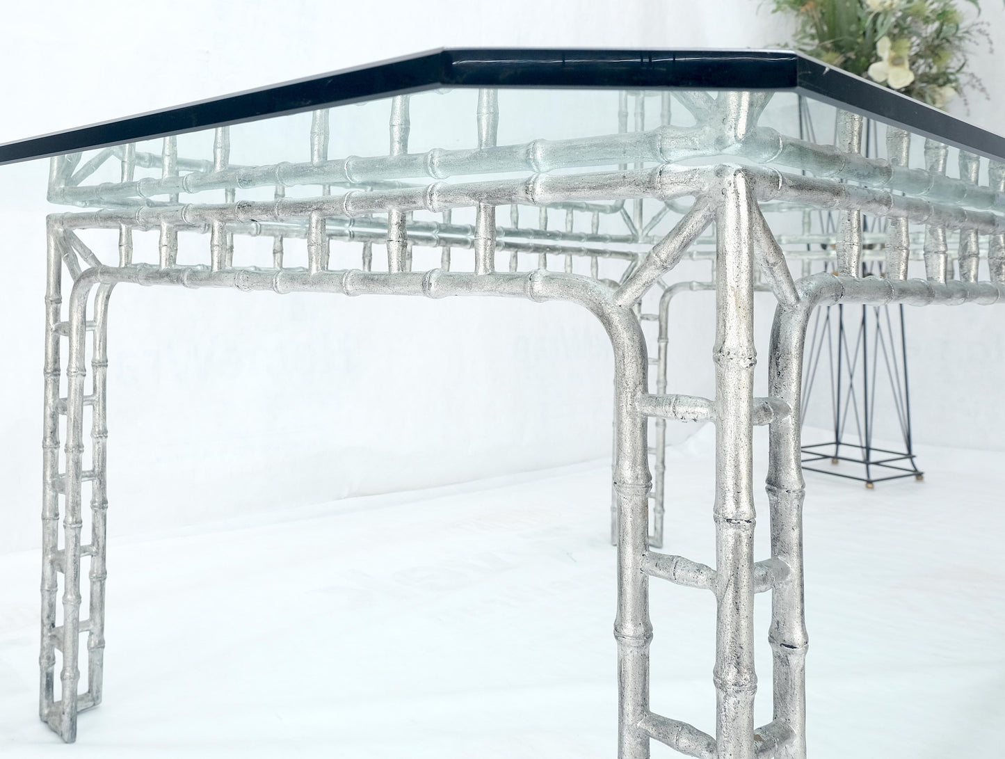 EstablishedLines Large 7' Long 3/4" Thick Glass Top Cast Aluminum Faux Bamboo Base Dining Table