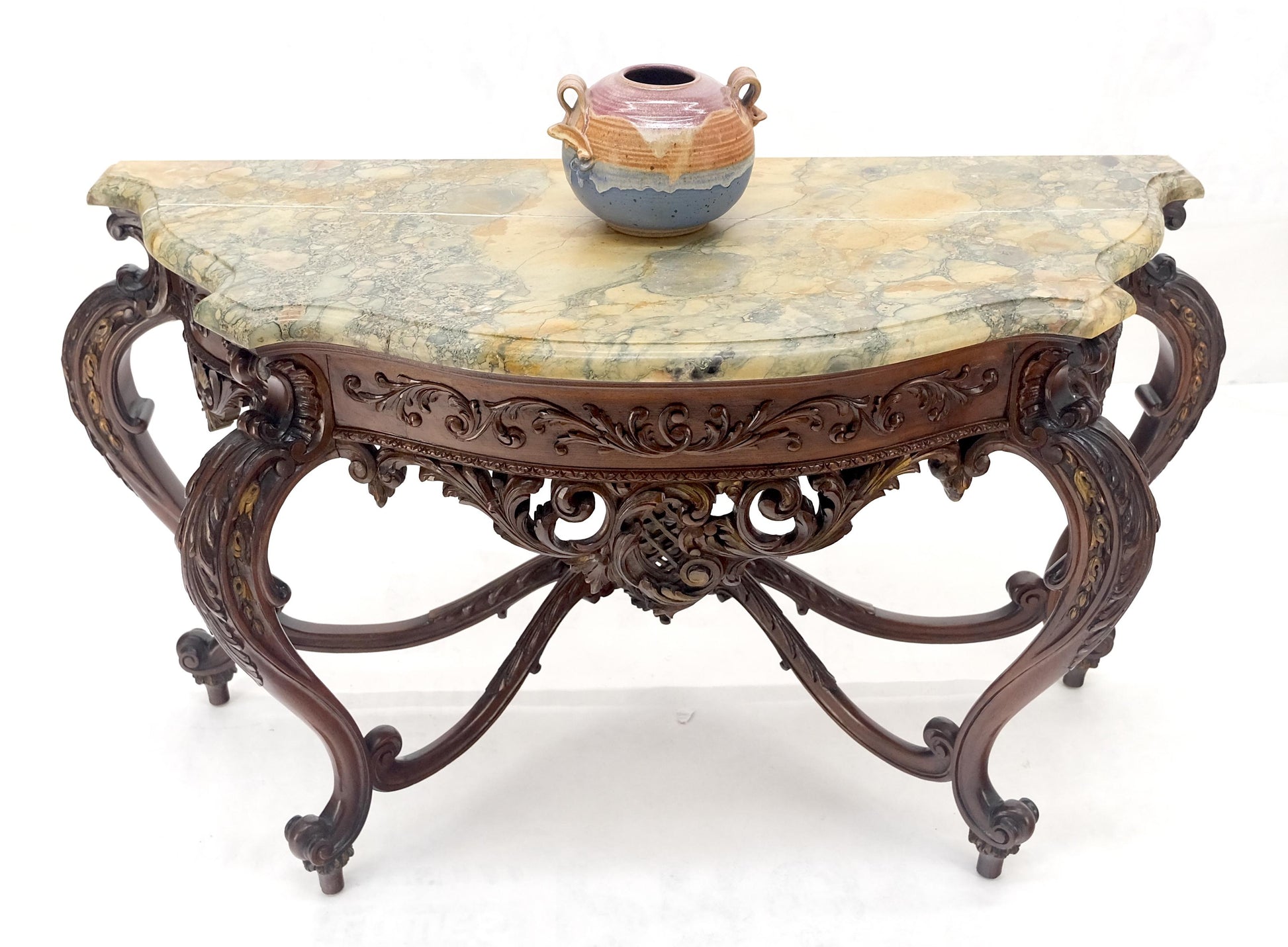 EstablishedLines Regency Revival Heavily Fine Carved Stretcher Base Marble Top Console Table MINT