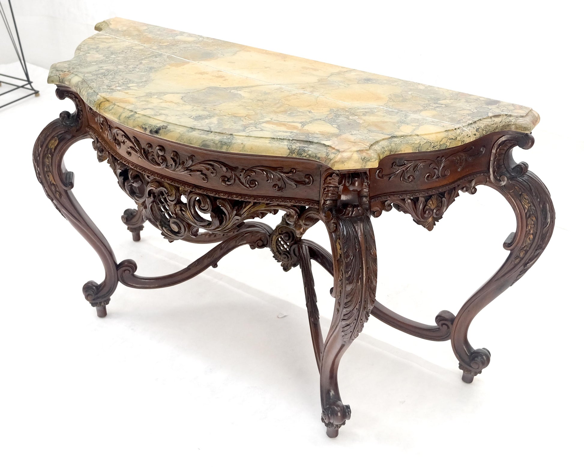 EstablishedLines Regency Revival Heavily Fine Carved Stretcher Base Marble Top Console Table MINT