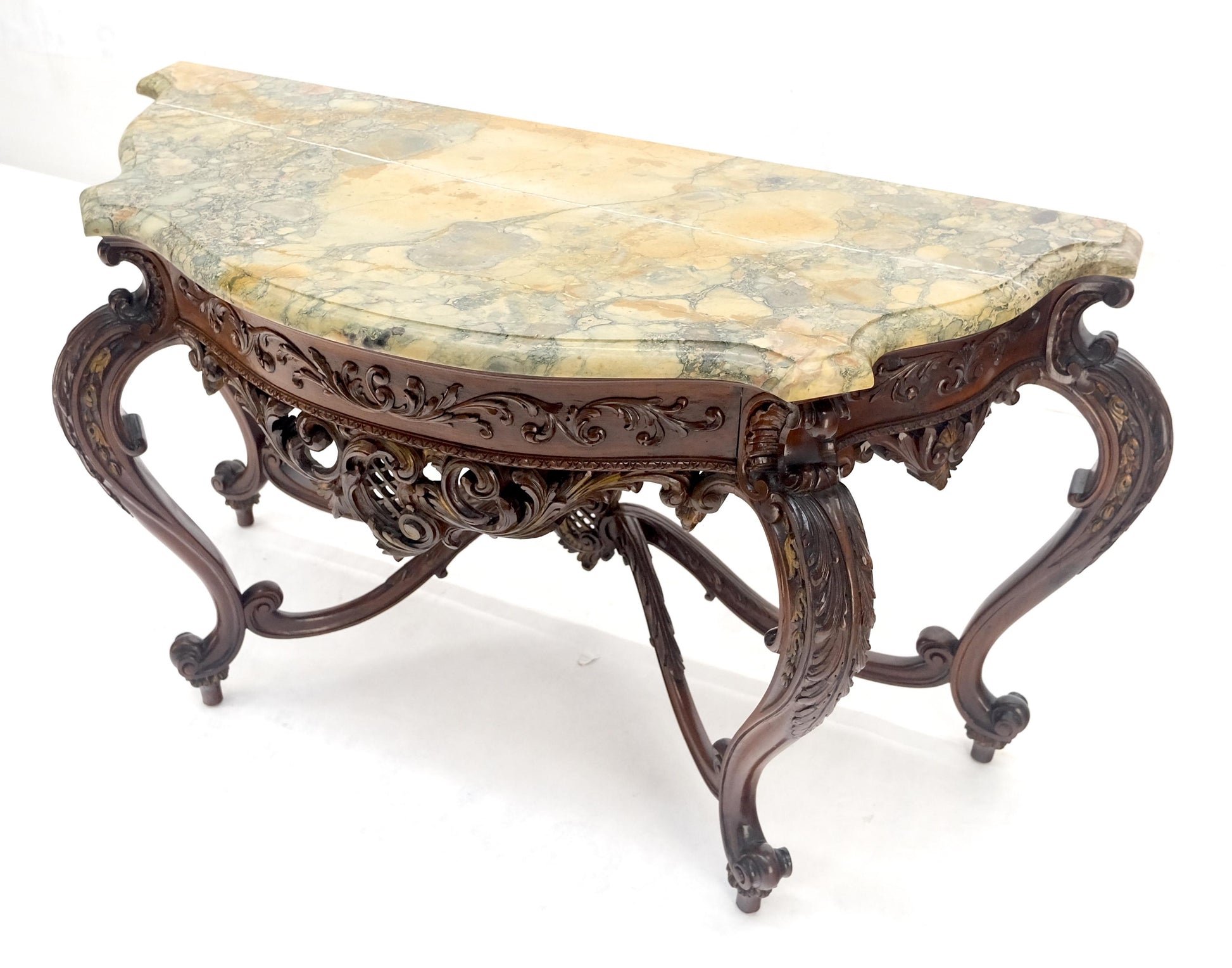 EstablishedLines Regency Revival Heavily Fine Carved Stretcher Base Marble Top Console Table MINT