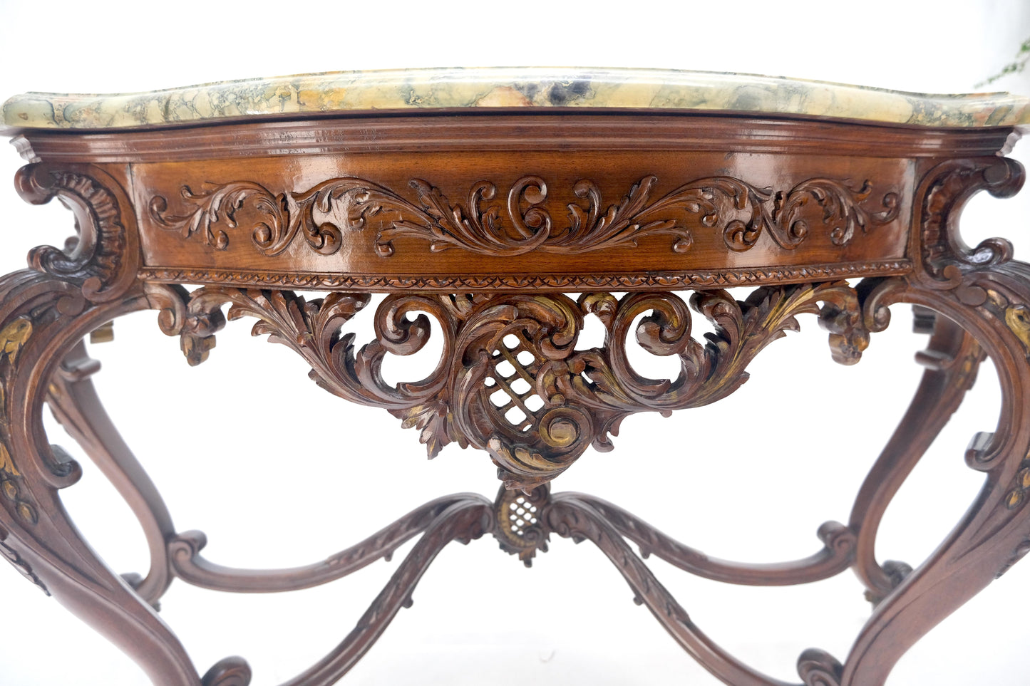 EstablishedLines Regency Revival Heavily Fine Carved Stretcher Base Marble Top Console Table MINT