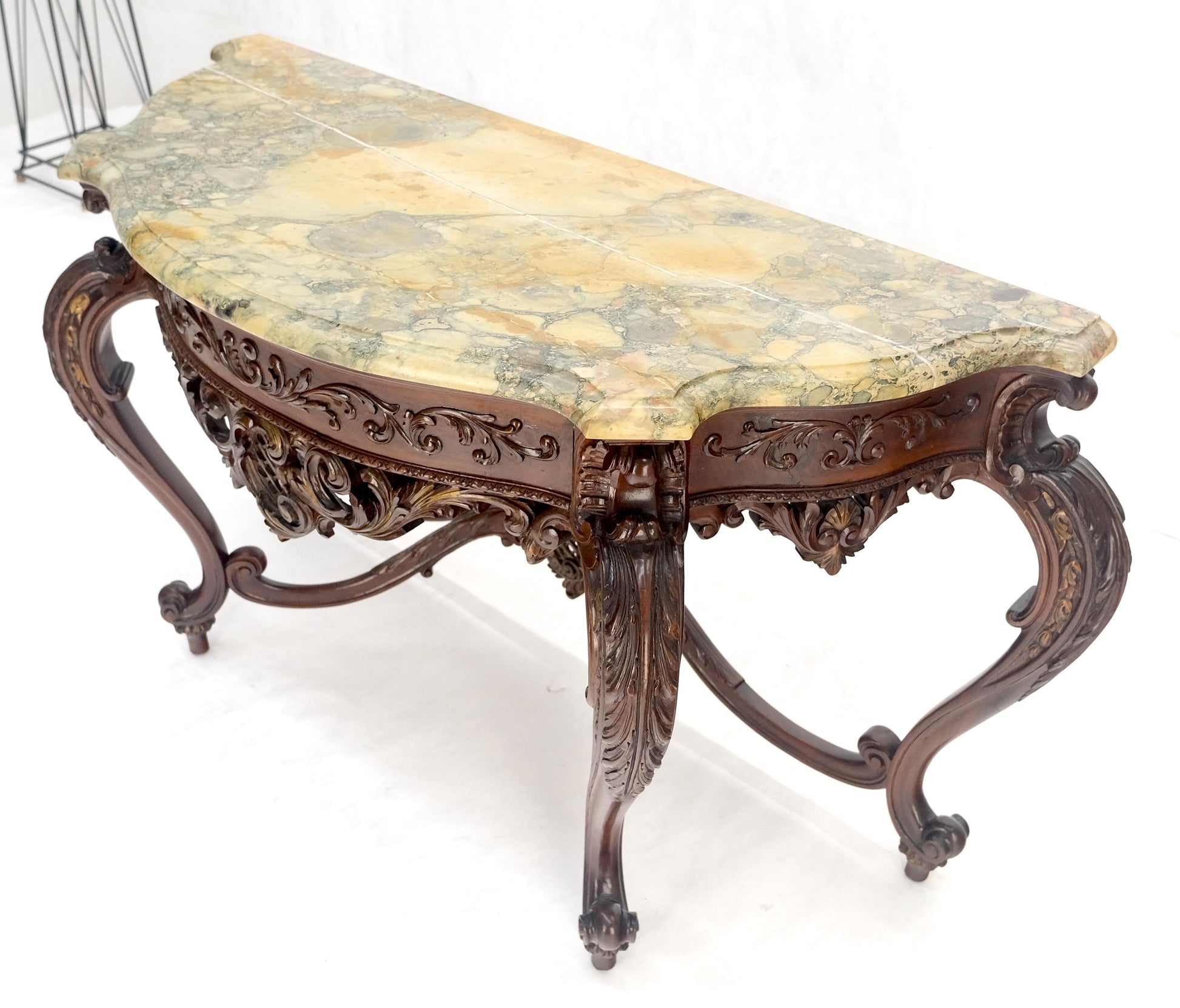 EstablishedLines Regency Revival Heavily Fine Carved Stretcher Base Marble Top Console Table MINT