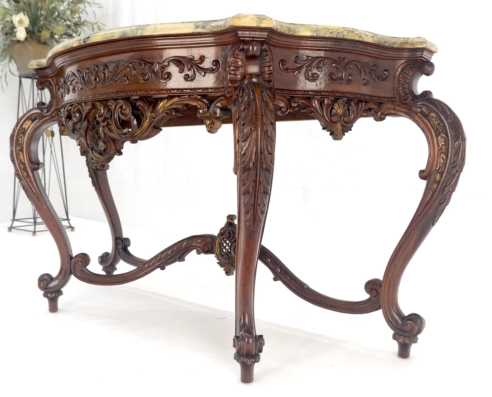 EstablishedLines Regency Revival Heavily Fine Carved Stretcher Base Marble Top Console Table MINT