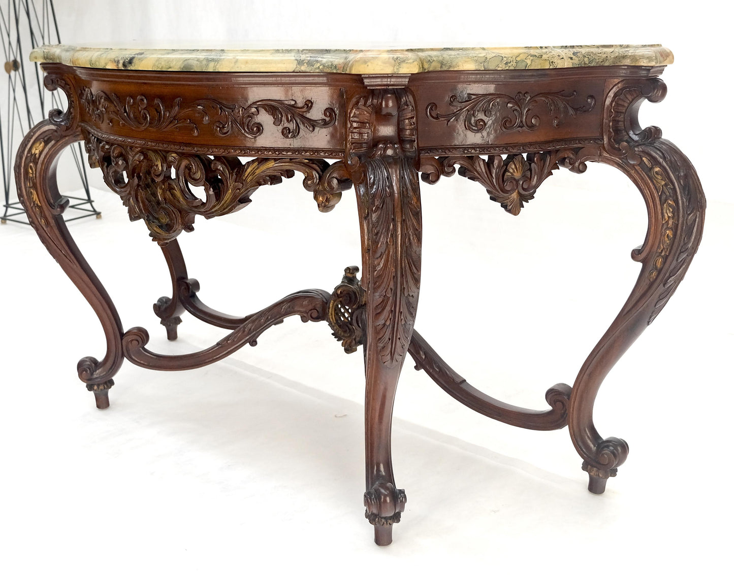 EstablishedLines Regency Revival Heavily Fine Carved Stretcher Base Marble Top Console Table MINT