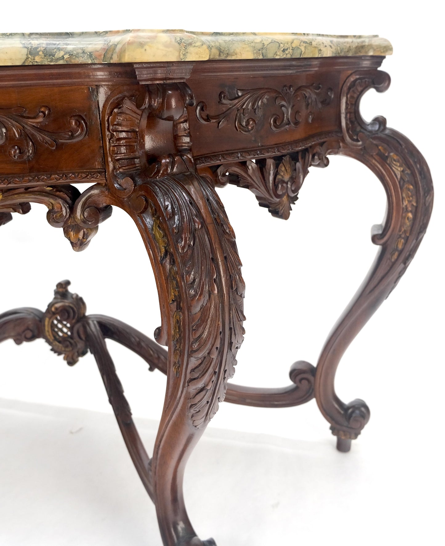 EstablishedLines Regency Revival Heavily Fine Carved Stretcher Base Marble Top Console Table MINT