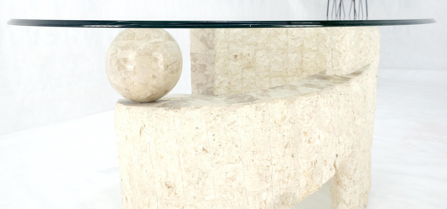EstablishedLines Oval Glass Top Polished Ball & Shoe Shape Tessellated Marble Base Coffee Table