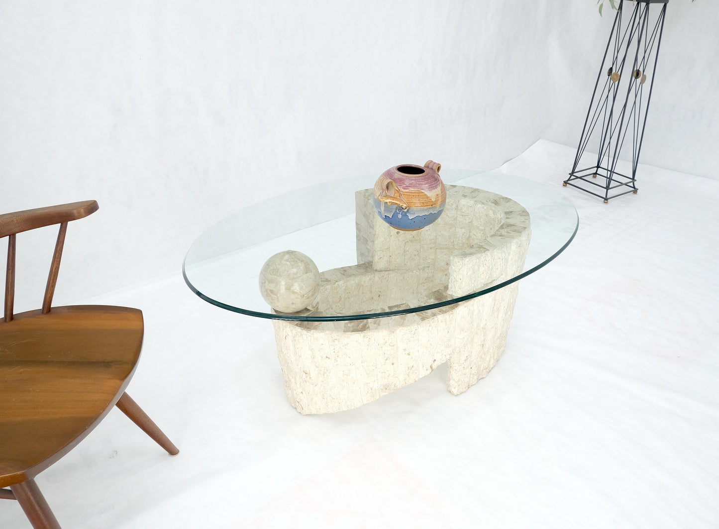 EstablishedLines Oval Glass Top Polished Ball & Shoe Shape Tessellated Marble Base Coffee Table