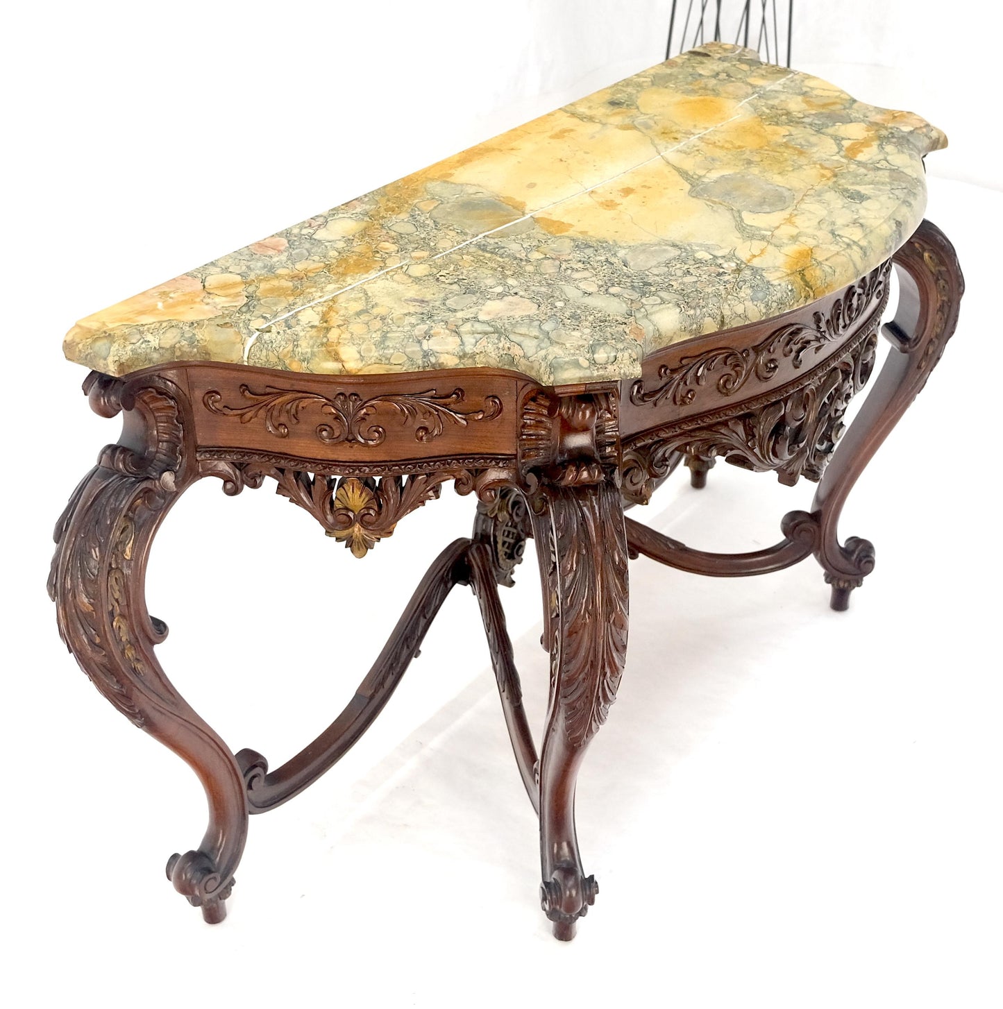 EstablishedLines Regency Revival Heavily Fine Carved Stretcher Base Marble Top Console Table MINT