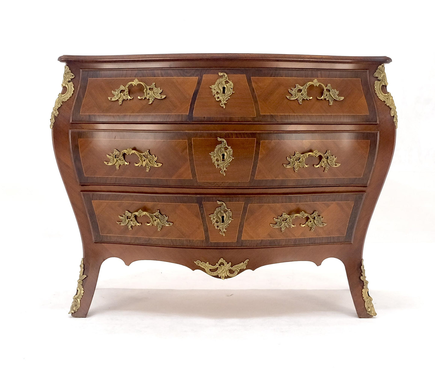 EstablishedLines Bombe French Parquetry Top Bronze Mount Ormolu Mount 3 Drawers Dresser MINT
