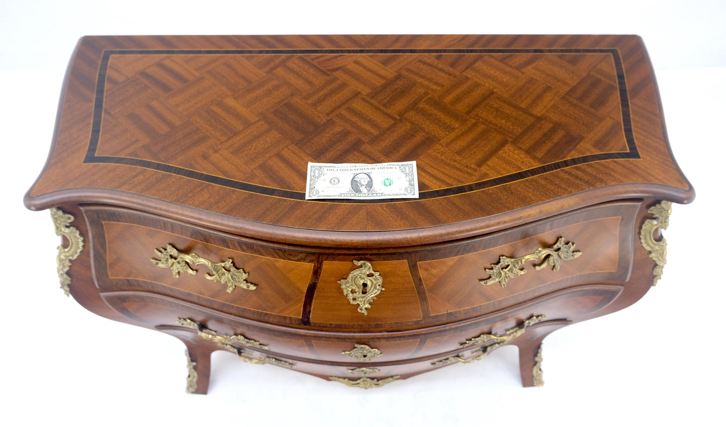 EstablishedLines Bombe French Parquetry Top Bronze Mount Ormolu Mount 3 Drawers Dresser MINT
