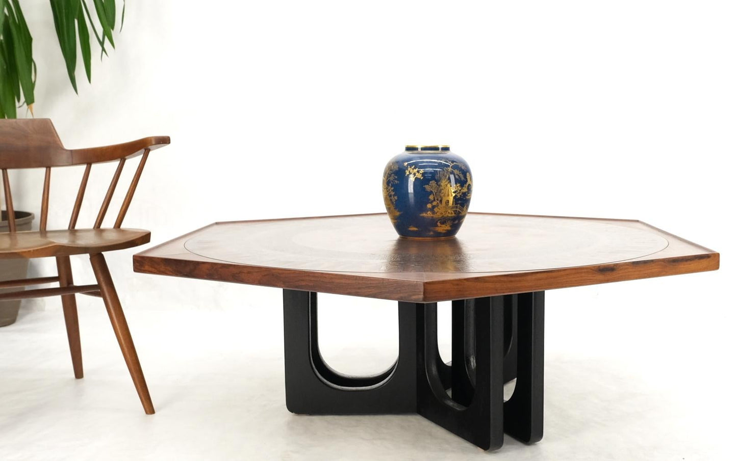 EstablishedLines Large Hexagon Walnut & Egyptian Motif Copper Minting Top Coffee Table Ebonized