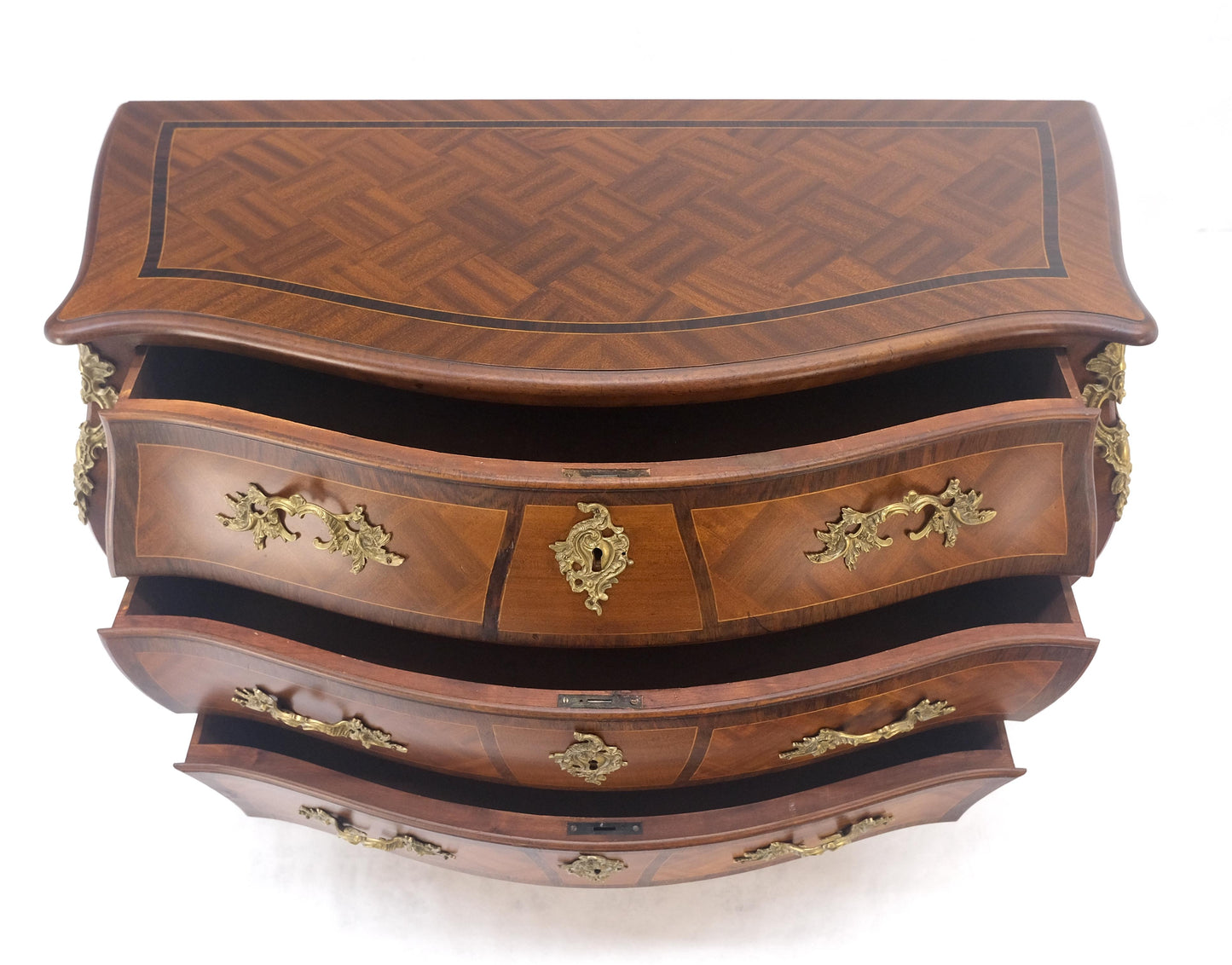 EstablishedLines Bombe French Parquetry Top Bronze Mount Ormolu Mount 3 Drawers Dresser MINT