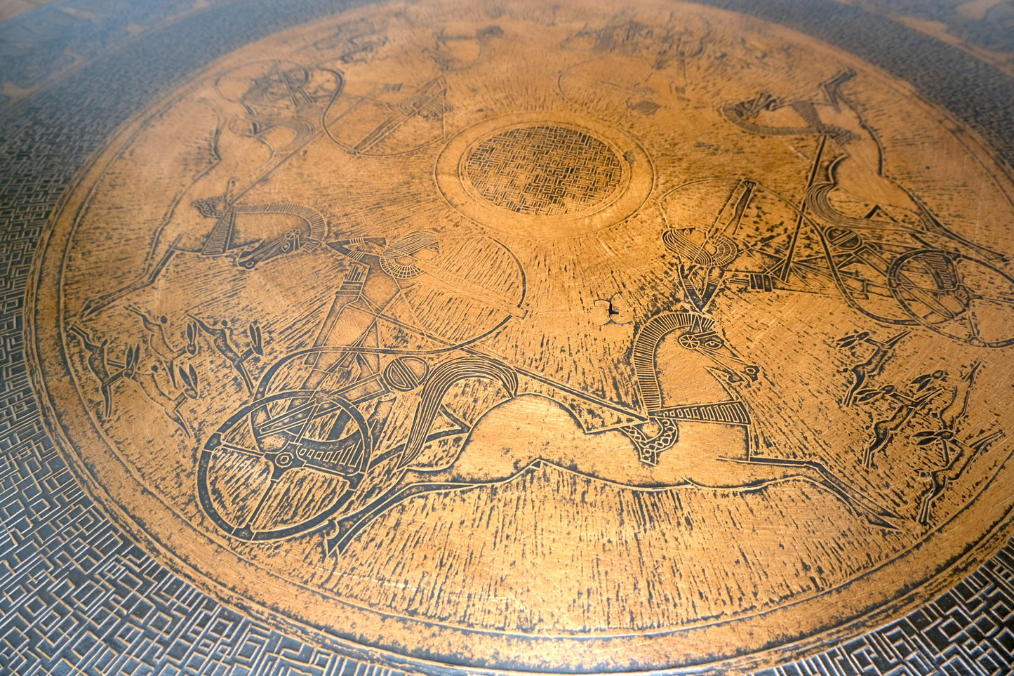 EstablishedLines Large Hexagon Walnut & Egyptian Motif Copper Minting Top Coffee Table Ebonized