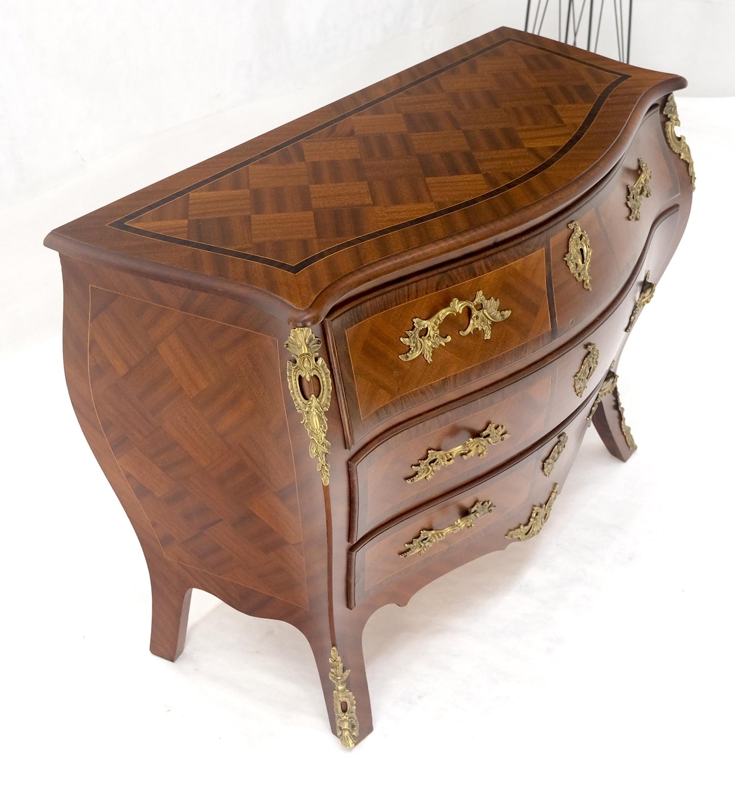 EstablishedLines Bombe French Parquetry Top Bronze Mount Ormolu Mount 3 Drawers Dresser MINT