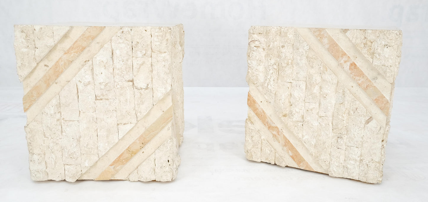 EstablishedLines Pair of Cube Shape Tessellated Polished Marble End Tables Night Stands MINT!
