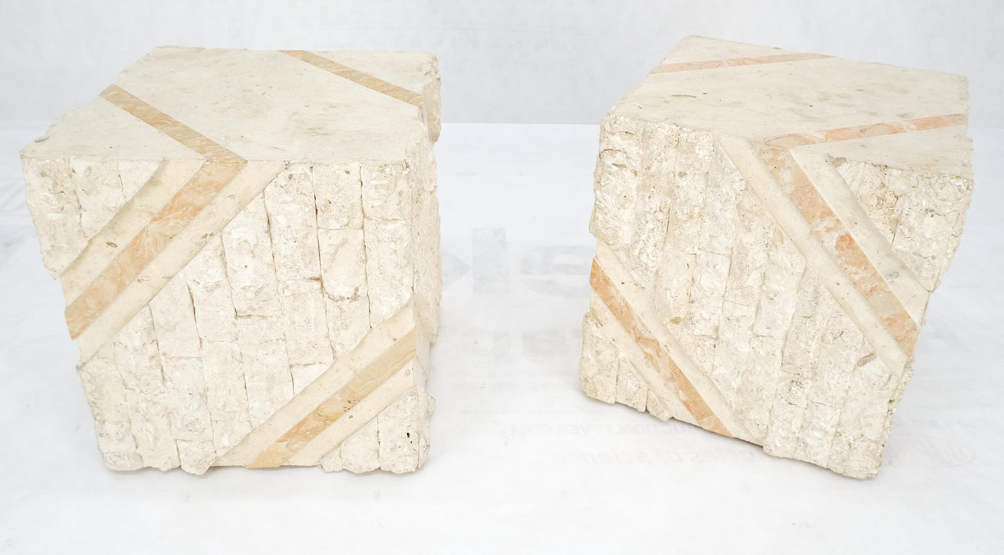 EstablishedLines Pair of Cube Shape Tessellated Polished Marble End Tables Night Stands MINT!