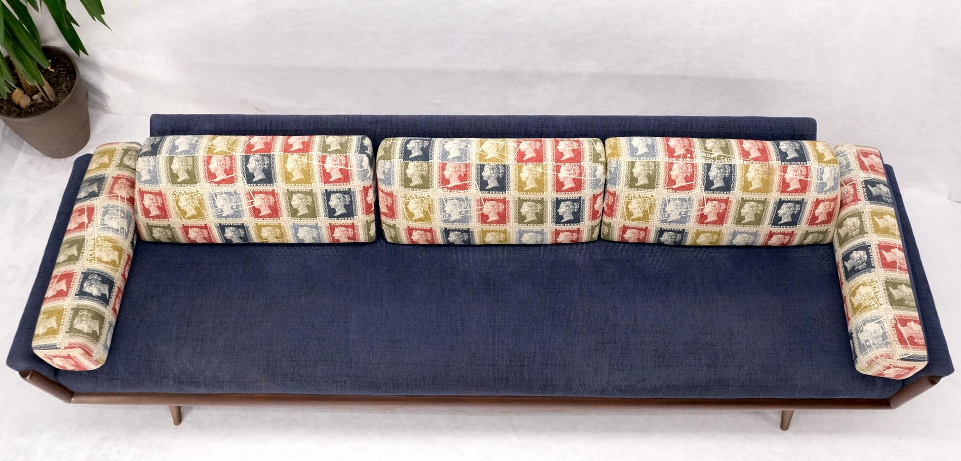 EstablishedLines Adrian Pearsall Mid-Century Walnut Frame Stamps Theme Upholstery Gondola Sofa