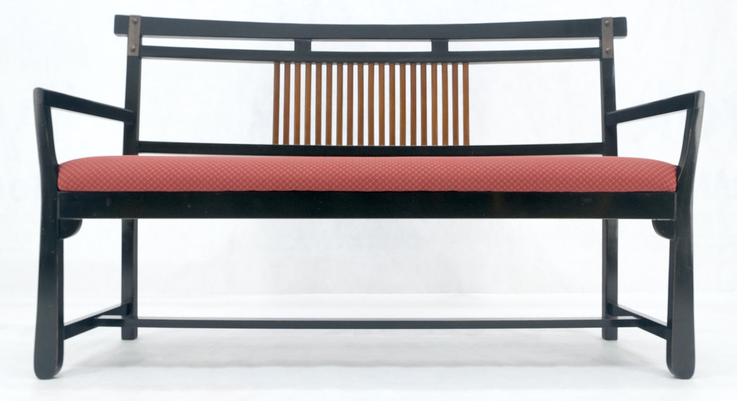 EstablishedLines Vintage Black Lacquer Red Upholstery Bench w/ Arms Slotted Back MINT