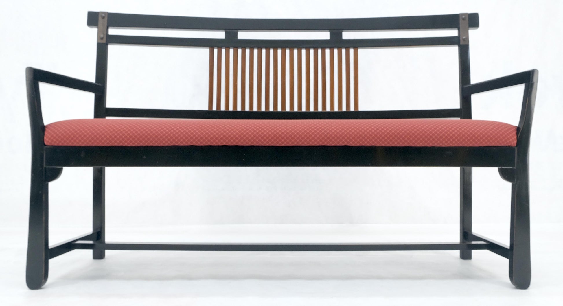 EstablishedLines Vintage Black Lacquer Red Upholstery Bench w/ Arms Slotted Back MINT