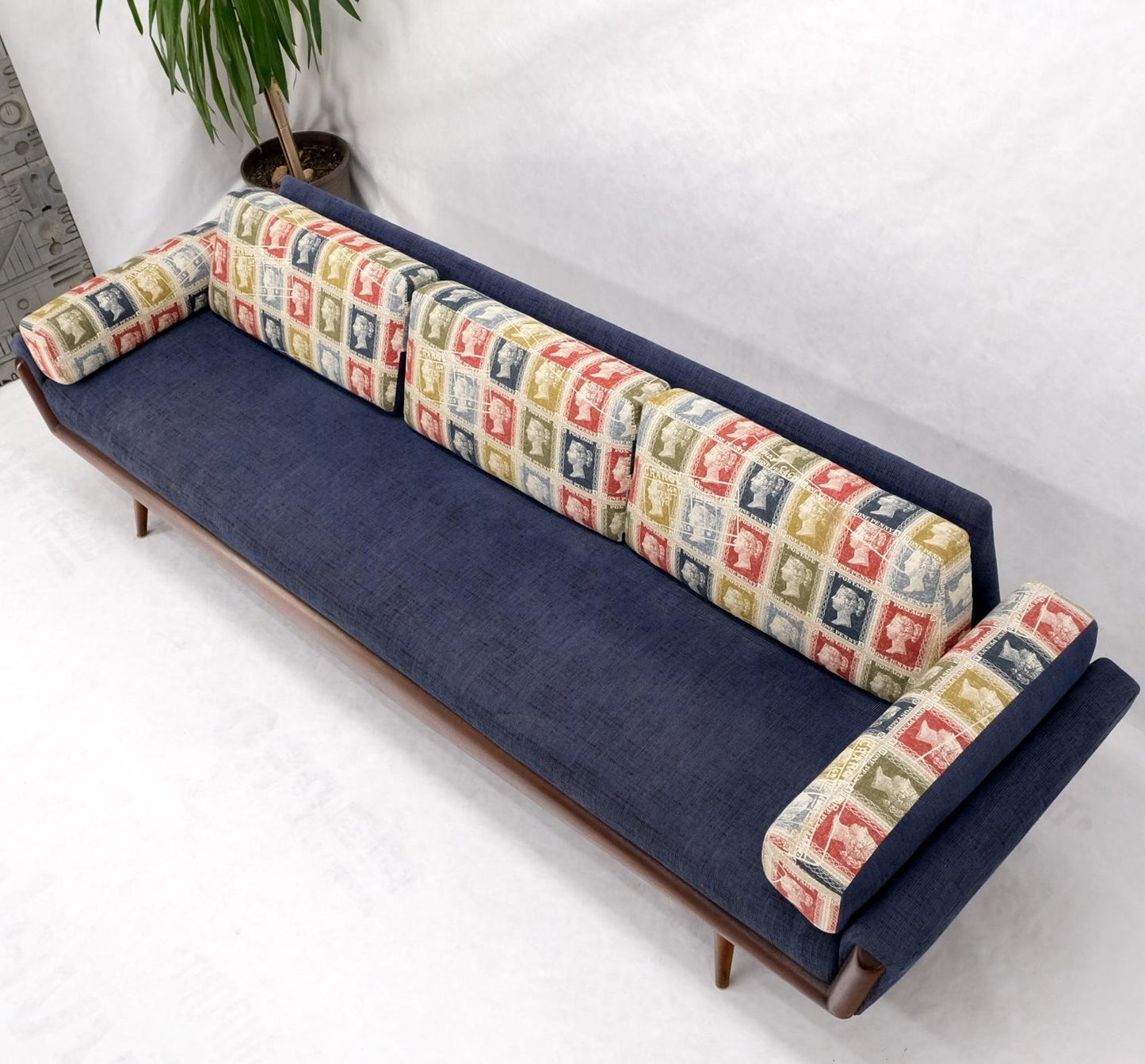 EstablishedLines Adrian Pearsall Mid-Century Walnut Frame Stamps Theme Upholstery Gondola Sofa