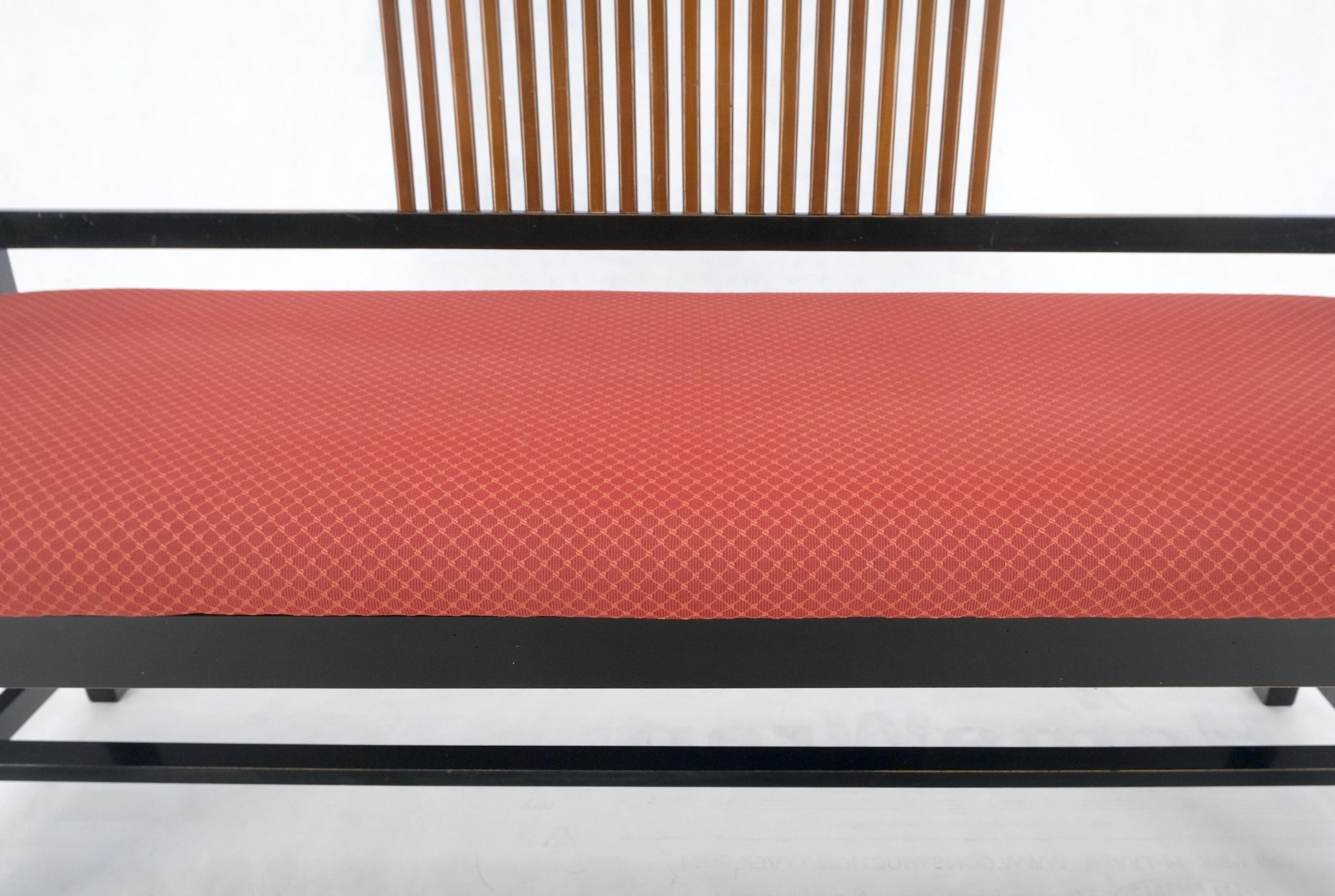 EstablishedLines Vintage Black Lacquer Red Upholstery Bench w/ Arms Slotted Back MINT