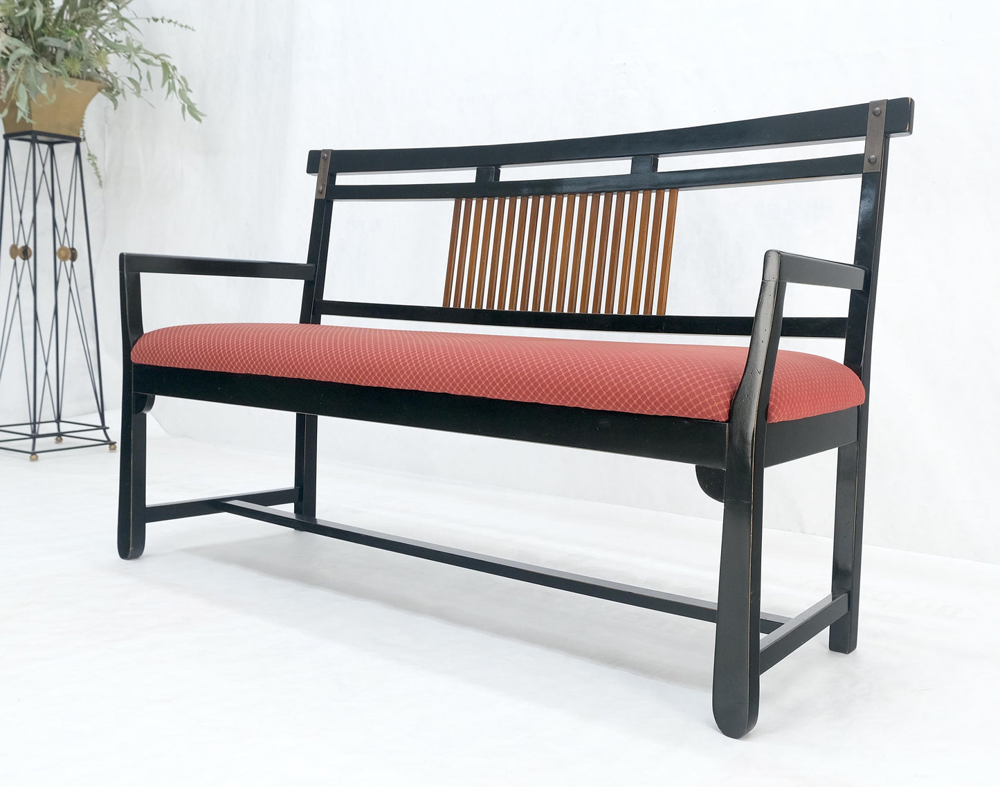 EstablishedLines Vintage Black Lacquer Red Upholstery Bench w/ Arms Slotted Back MINT