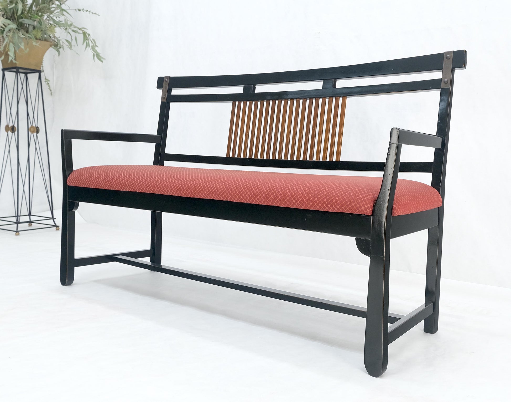 EstablishedLines Vintage Black Lacquer Red Upholstery Bench w/ Arms Slotted Back MINT