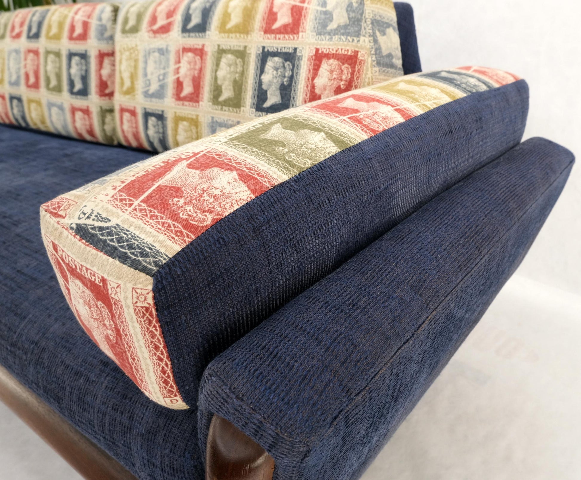 EstablishedLines Adrian Pearsall Mid-Century Walnut Frame Stamps Theme Upholstery Gondola Sofa