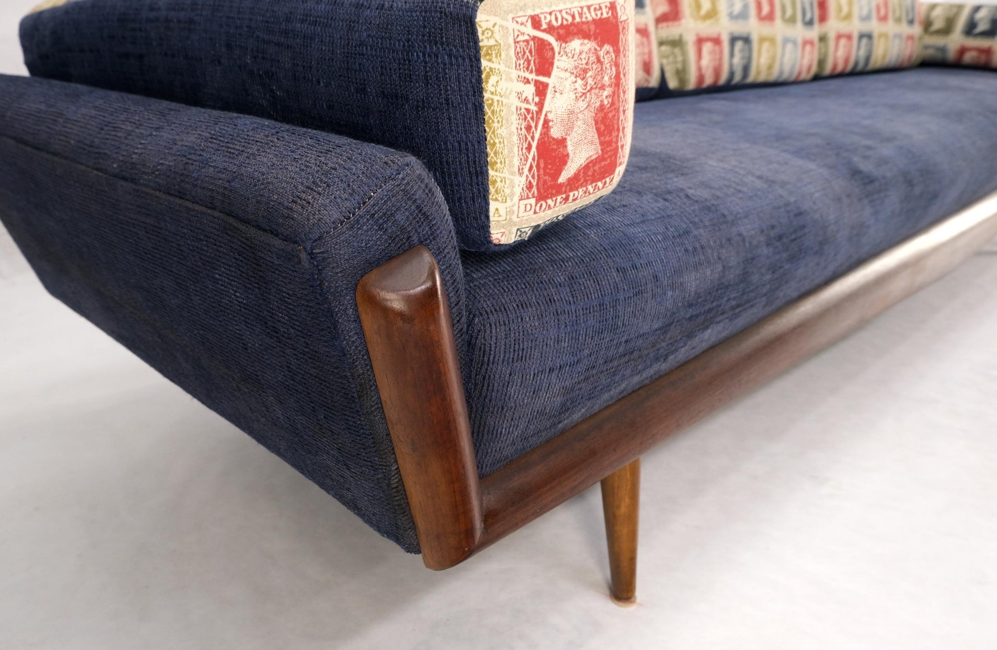 EstablishedLines Adrian Pearsall Mid-Century Walnut Frame Stamps Theme Upholstery Gondola Sofa