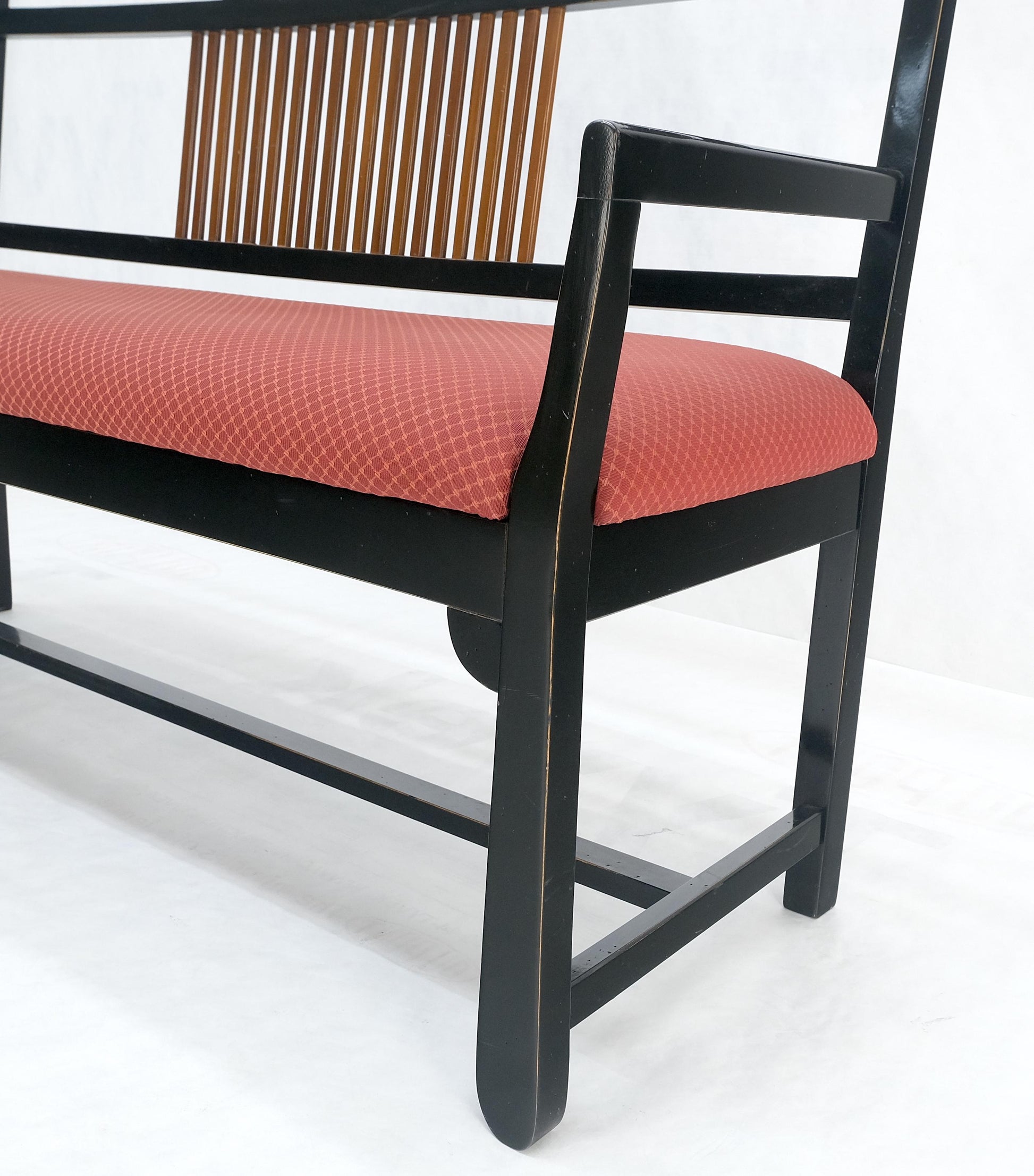 EstablishedLines Vintage Black Lacquer Red Upholstery Bench w/ Arms Slotted Back MINT
