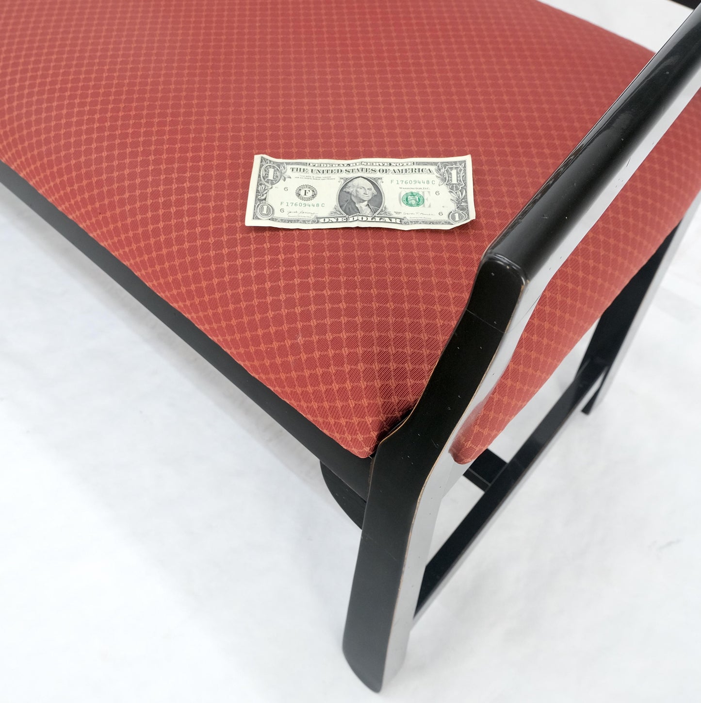 EstablishedLines Vintage Black Lacquer Red Upholstery Bench w/ Arms Slotted Back MINT