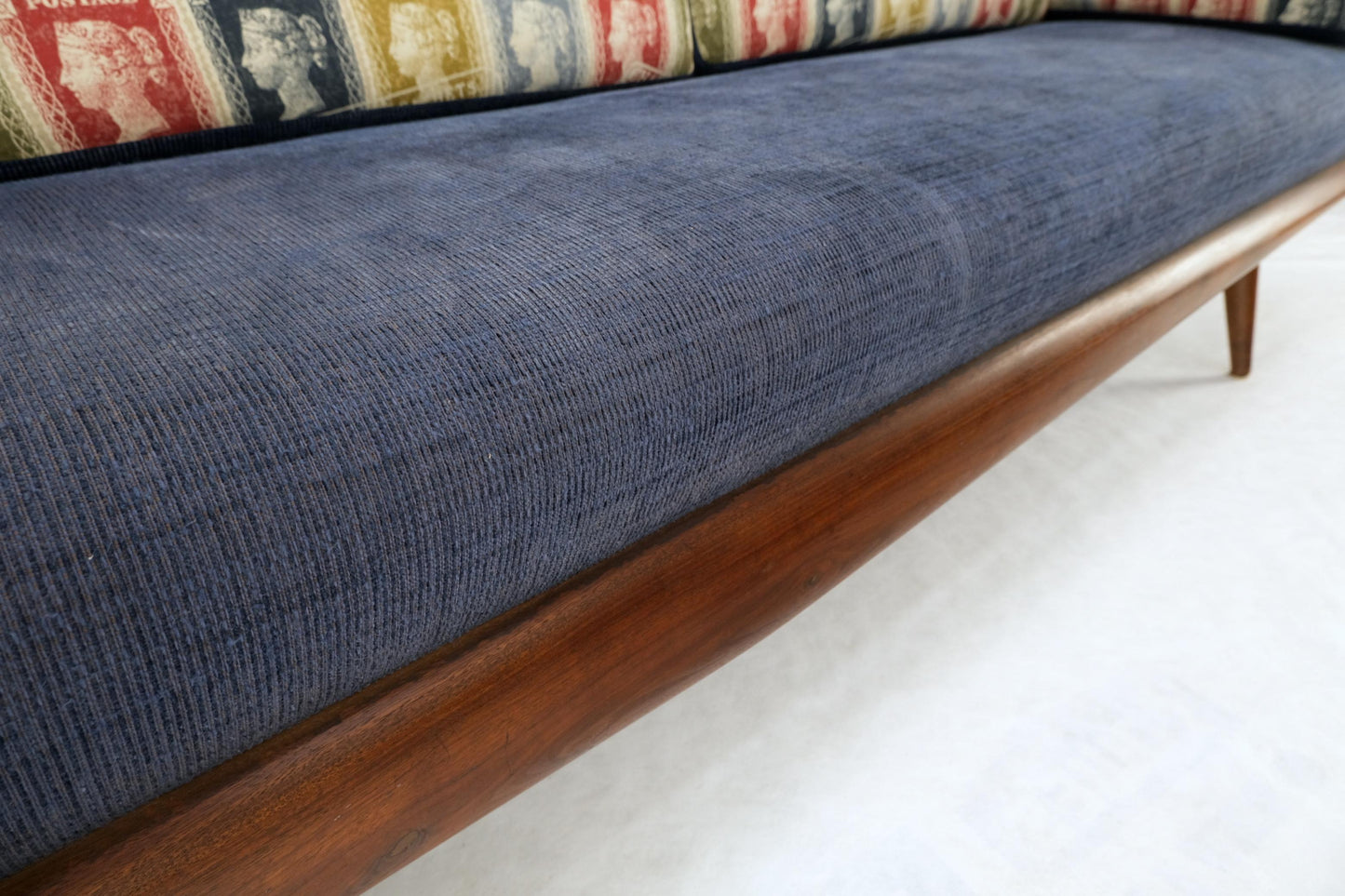 EstablishedLines Adrian Pearsall Mid-Century Walnut Frame Stamps Theme Upholstery Gondola Sofa