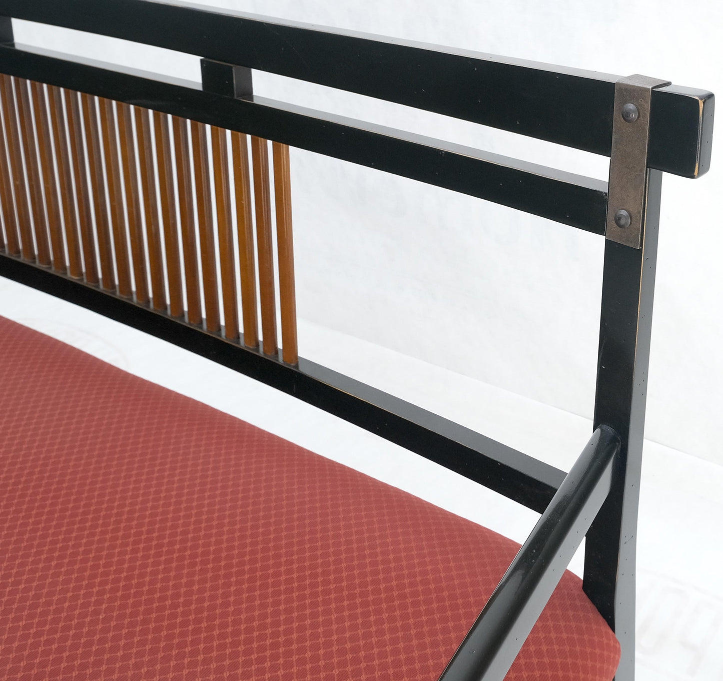 EstablishedLines Vintage Black Lacquer Red Upholstery Bench w/ Arms Slotted Back MINT