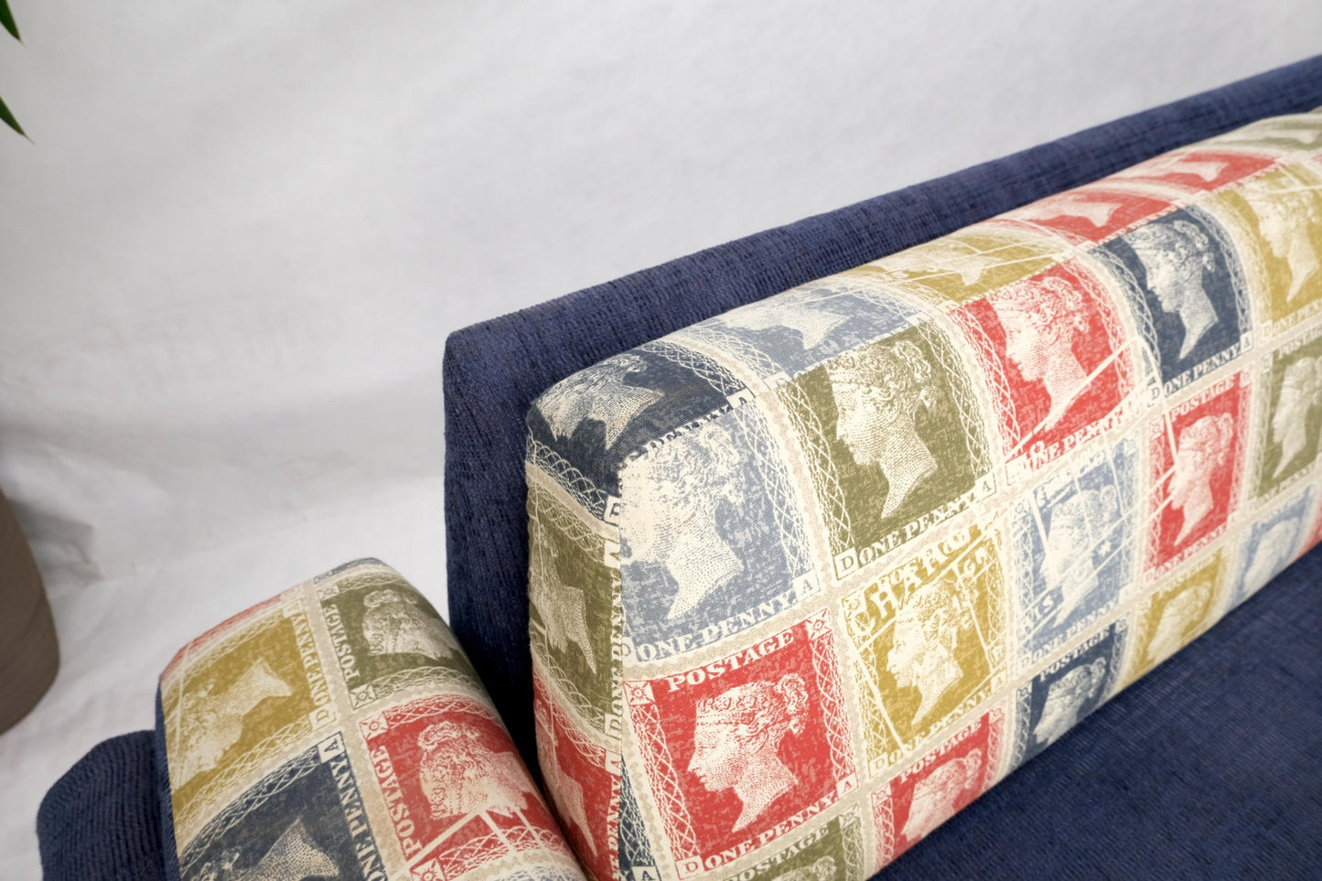 EstablishedLines Adrian Pearsall Mid-Century Walnut Frame Stamps Theme Upholstery Gondola Sofa