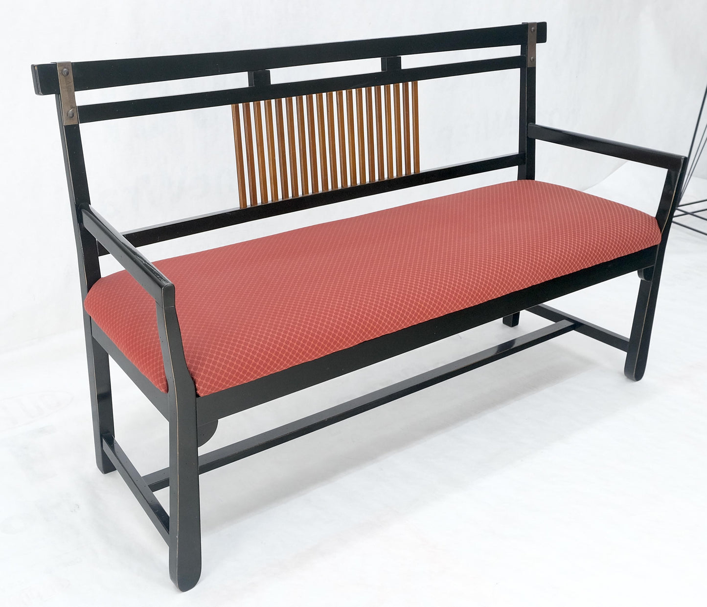 EstablishedLines Vintage Black Lacquer Red Upholstery Bench w/ Arms Slotted Back MINT