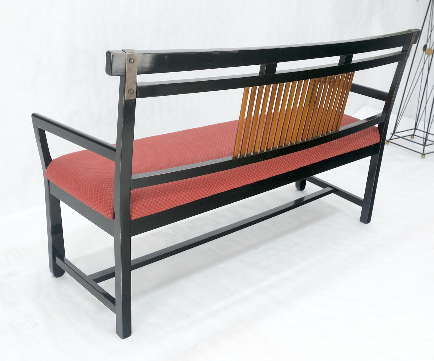 EstablishedLines Vintage Black Lacquer Red Upholstery Bench w/ Arms Slotted Back MINT