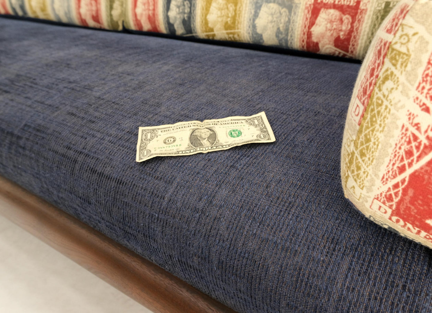 EstablishedLines Adrian Pearsall Mid-Century Walnut Frame Stamps Theme Upholstery Gondola Sofa