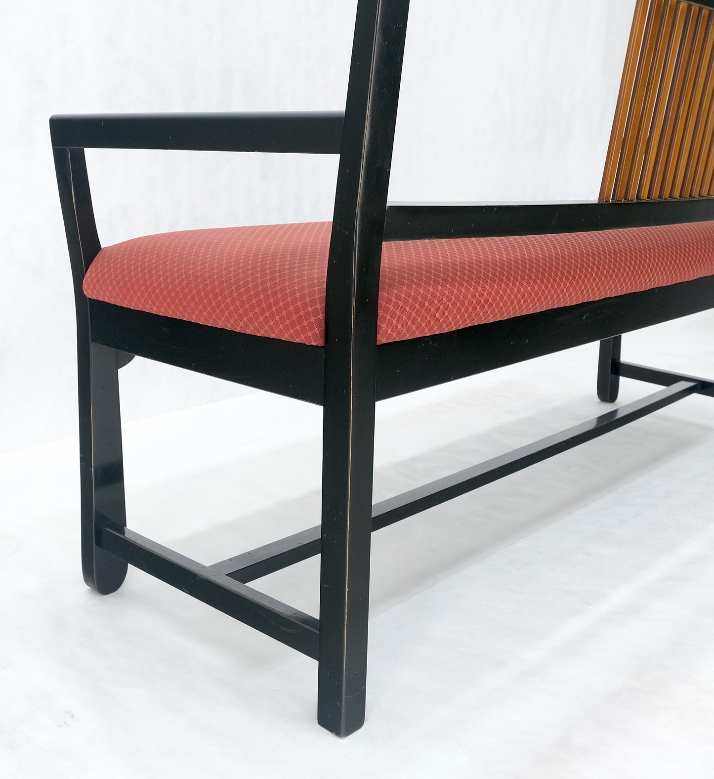 EstablishedLines Vintage Black Lacquer Red Upholstery Bench w/ Arms Slotted Back MINT