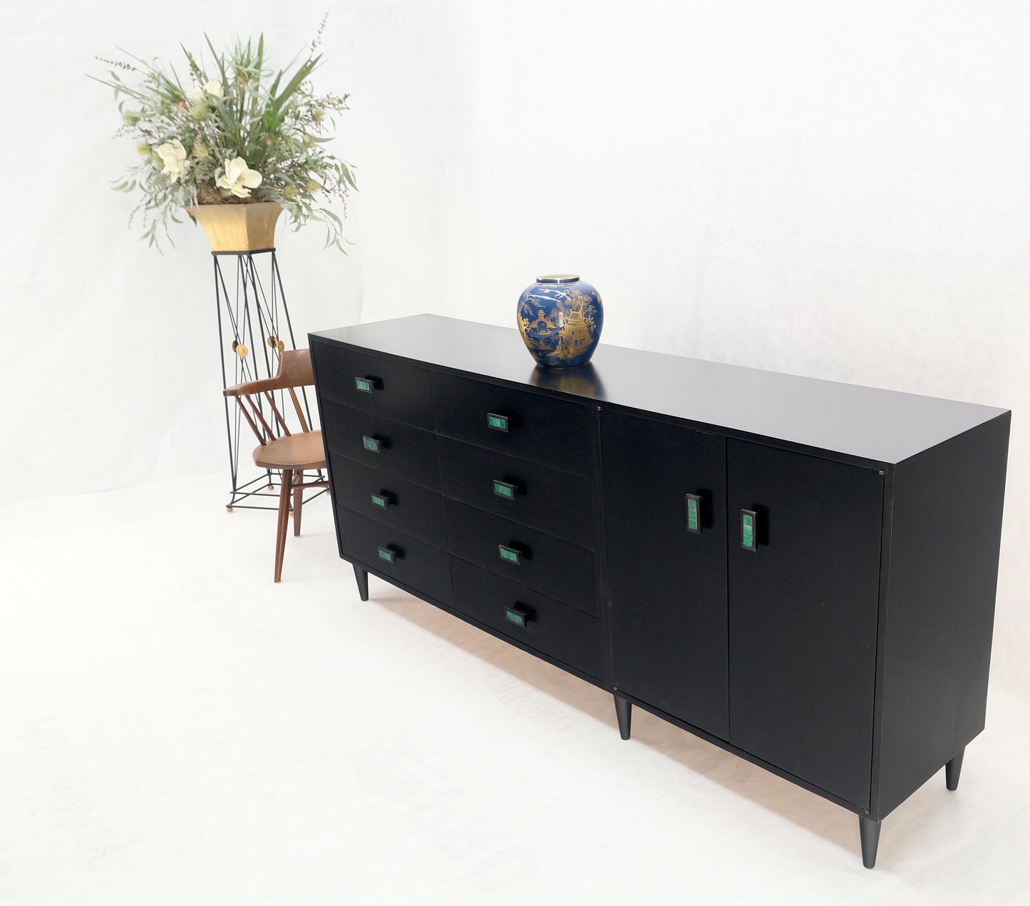 EstablishedLines Large Oversize Long Ebonized Black Lacquer Credenza Dresser Dowel Cone Legs Mint
