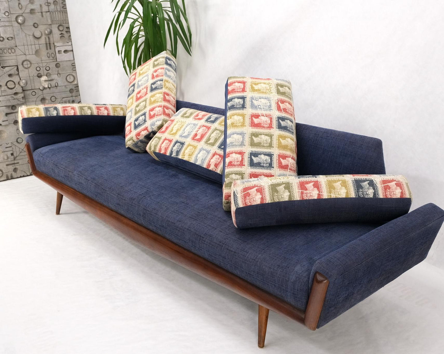 EstablishedLines Adrian Pearsall Mid-Century Walnut Frame Stamps Theme Upholstery Gondola Sofa