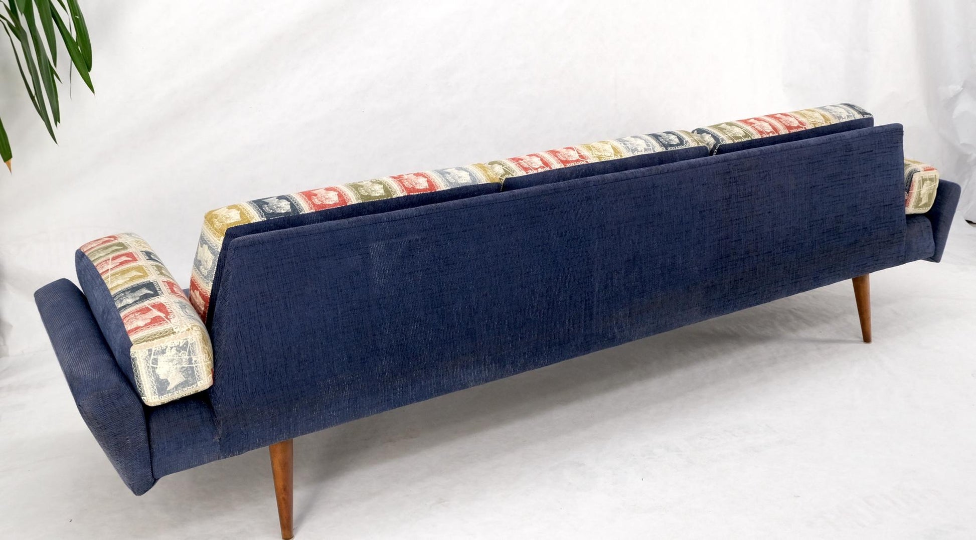 EstablishedLines Adrian Pearsall Mid-Century Walnut Frame Stamps Theme Upholstery Gondola Sofa